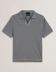 Sale|Men MATEJOO - Navy Mini Check Open Neck Cotton Polo Shirt - Ted Baker