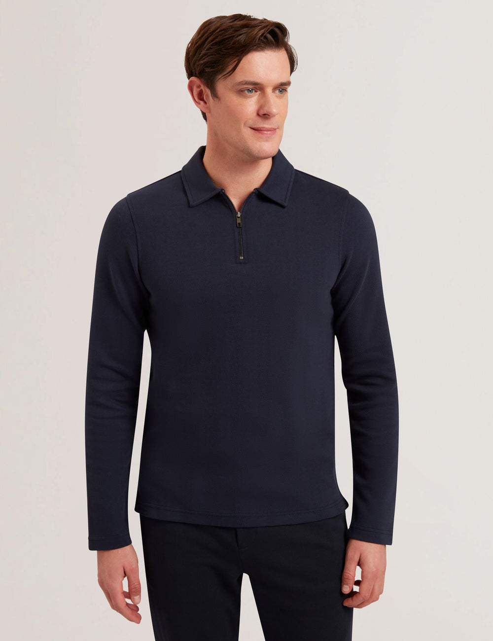 Men KALEND - Herringbone Zip Neck Long Sleeve Polo Shirt - Ted Baker