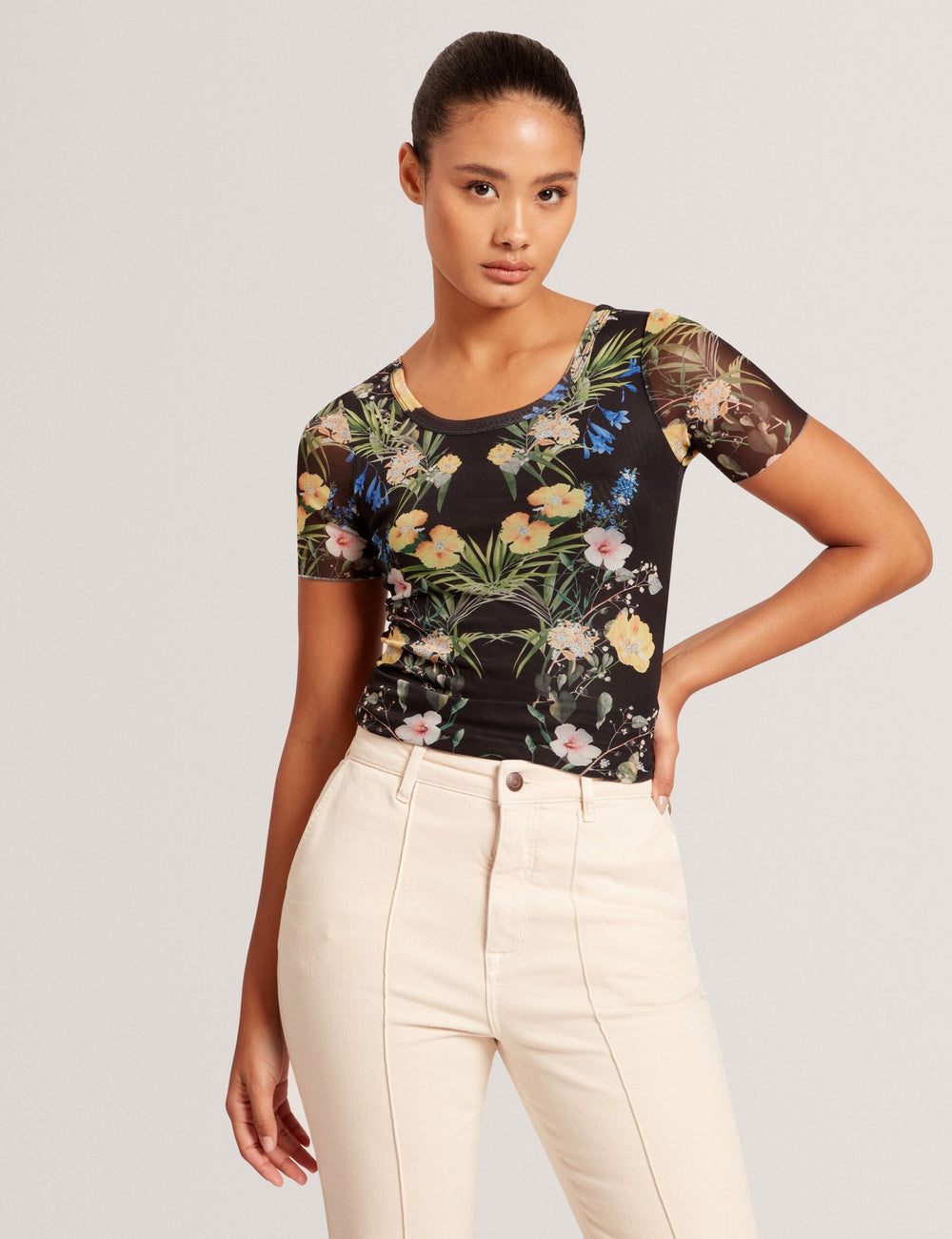 Women SHORT SLEEVE CREW MESH TOP - Black - Ted Baker