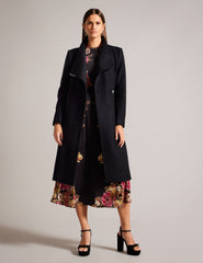 Women ROSE Midi Length Belted Wool Wrap Coat in Black - Ted Baker