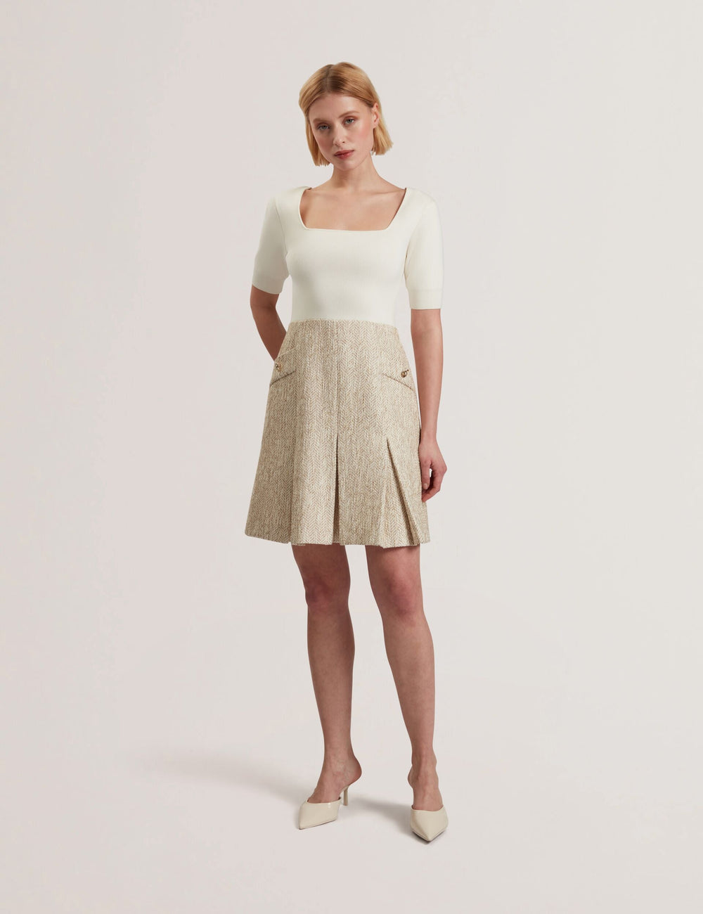 Women VULPAD - Pleated Boucle Mini Dress With Knit Bodice - Ted Baker