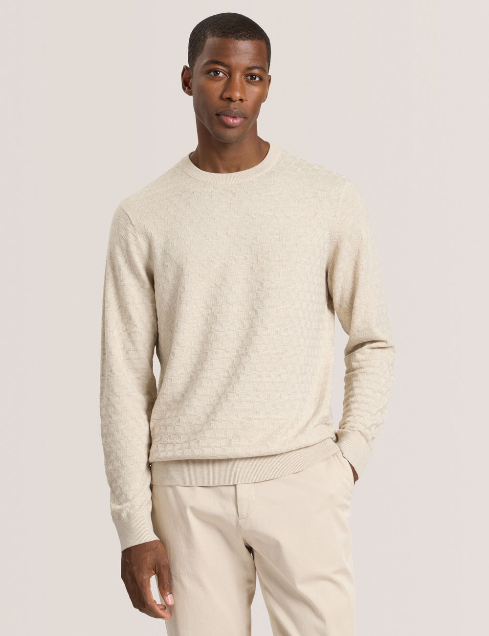 Men T STITCH LONG SLEEVE CREW NECK SWEATER - Egret Heather - Ted Baker
