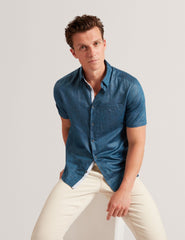 Sale|Men Navy Short Sleeve Textured Linen Cotton Shirt | PALOMAS | Ted Baker - Ted Baker