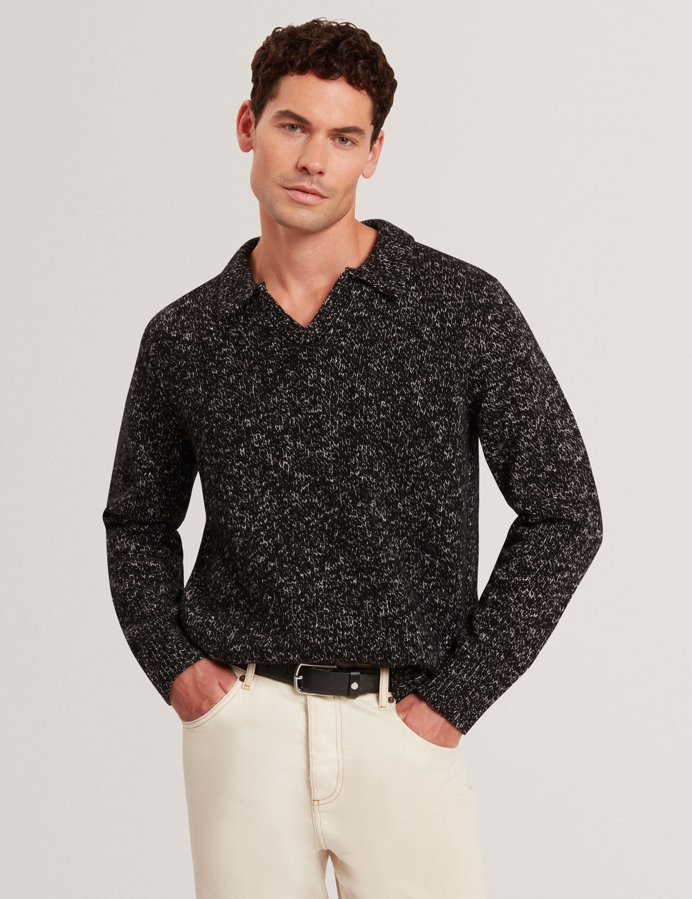 Sale|Men BERRETO Melange Knit Long Sleeve Polo Shirt - Ted Baker