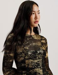Women JUNHAA - Foil Print Long Sleeve Mesh Midi Dress - Ted Baker