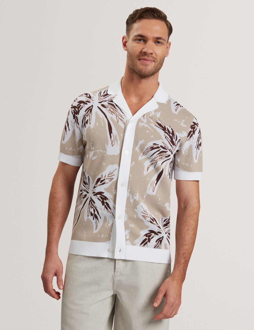 Men KYES - Leaf Print Knitted Short Sleeve Shirt - Ted Baker