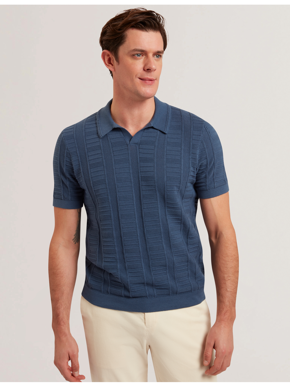 Men RUZZA - Textured Stripe Open Neck Knitted Polo Shirt - Ted Baker
