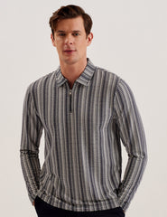 Men CAPUZZO - Long Sleeve Geo Stripe Zip Polo Shirt - Ted Baker