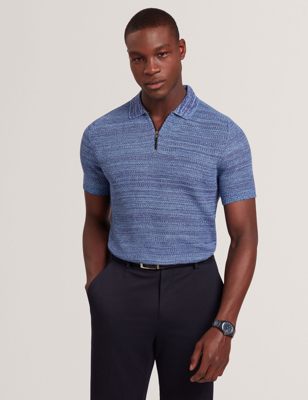 Men BLOSSAM - Space Dye Zip Neck Polo Shirt - Ted Baker