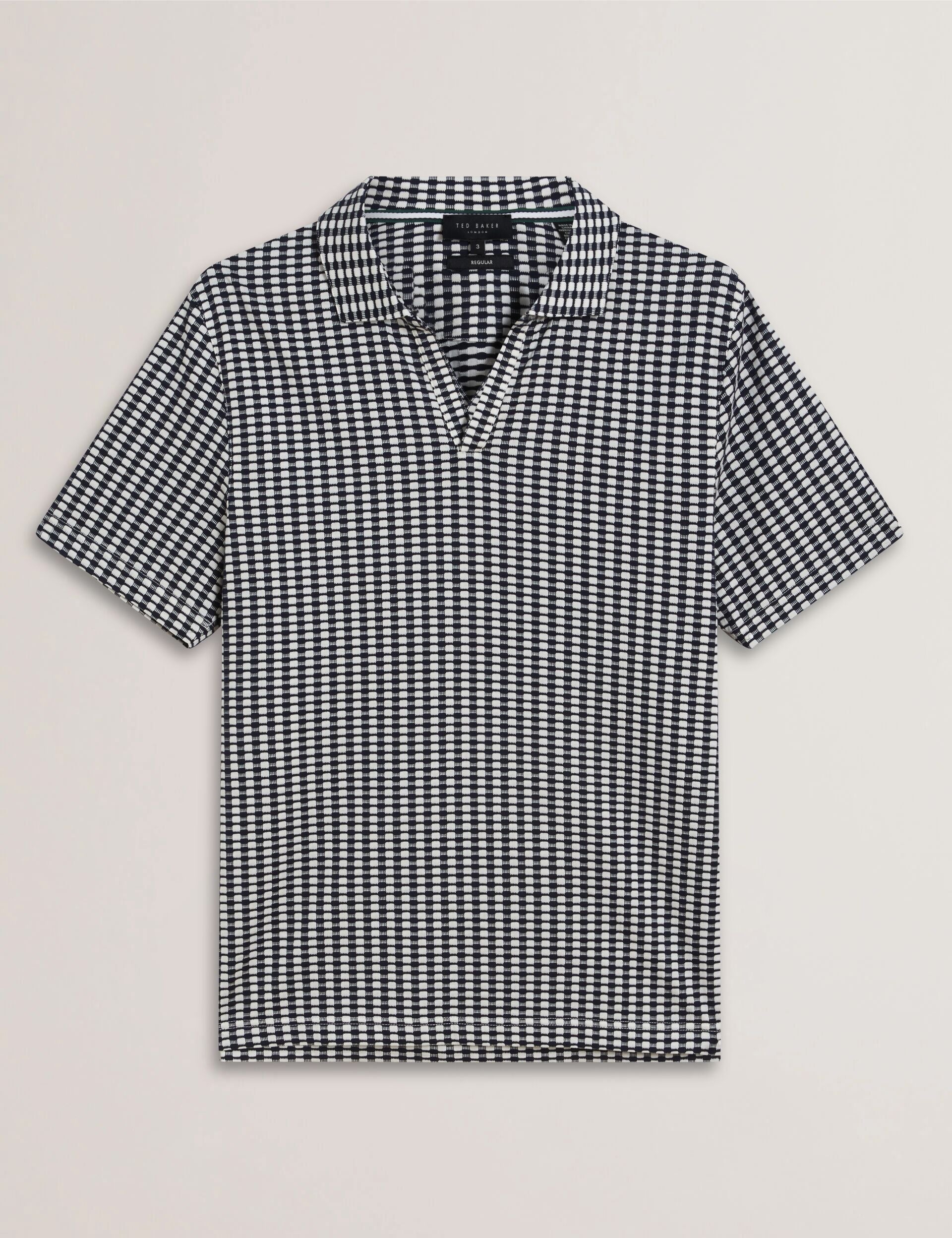 Sale|Men MATEJOO - Navy Mini Check Open Neck Cotton Polo Shirt - Ted Baker