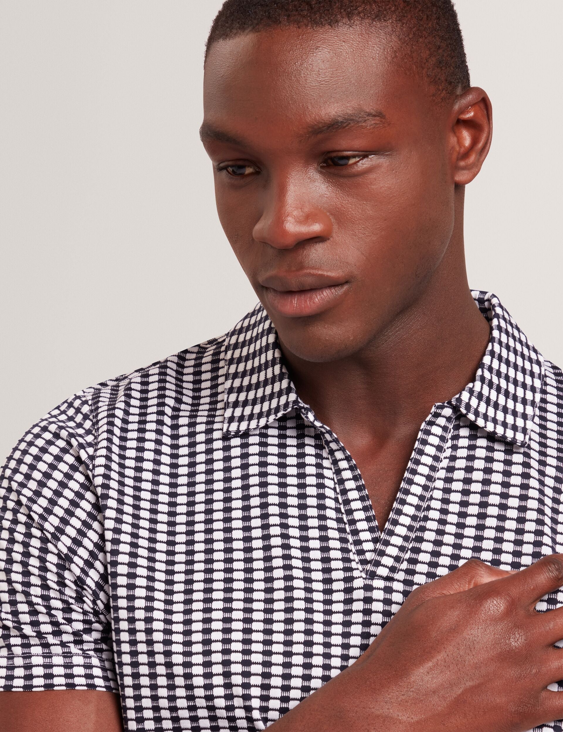 Sale|Men MATEJOO - Navy Mini Check Open Neck Cotton Polo Shirt - Ted Baker