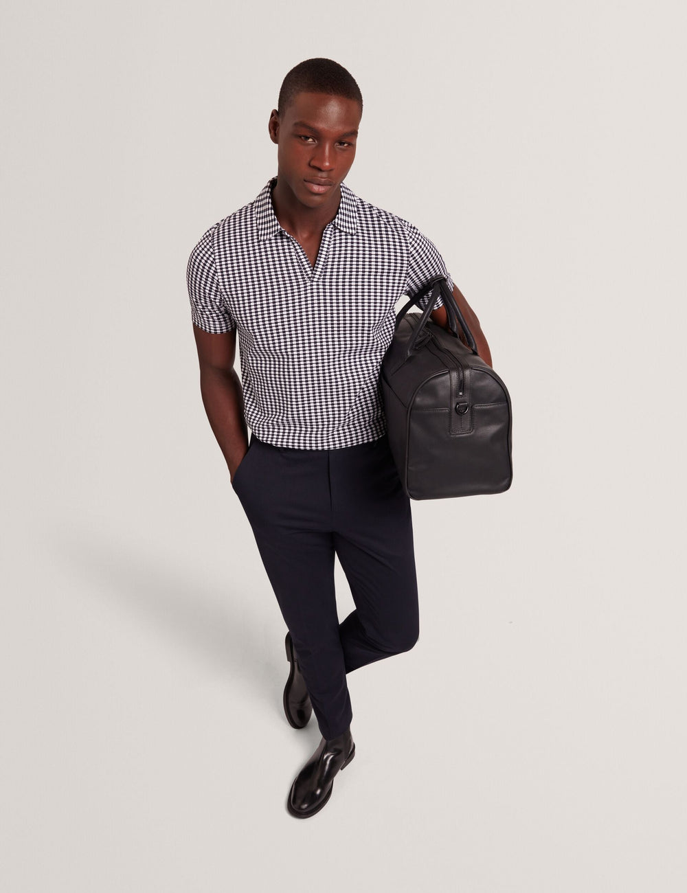 Sale|Men MATEJOO - Navy Mini Check Open Neck Cotton Polo Shirt - Ted Baker