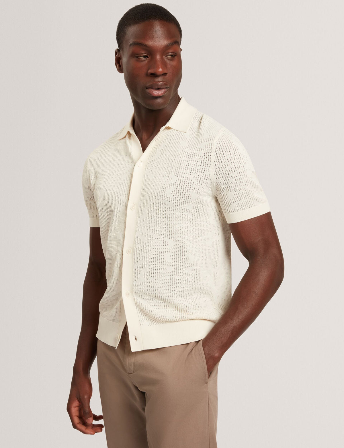 Men JORIEN Textured Crochet Knit Button-Through Polo - Ted Baker