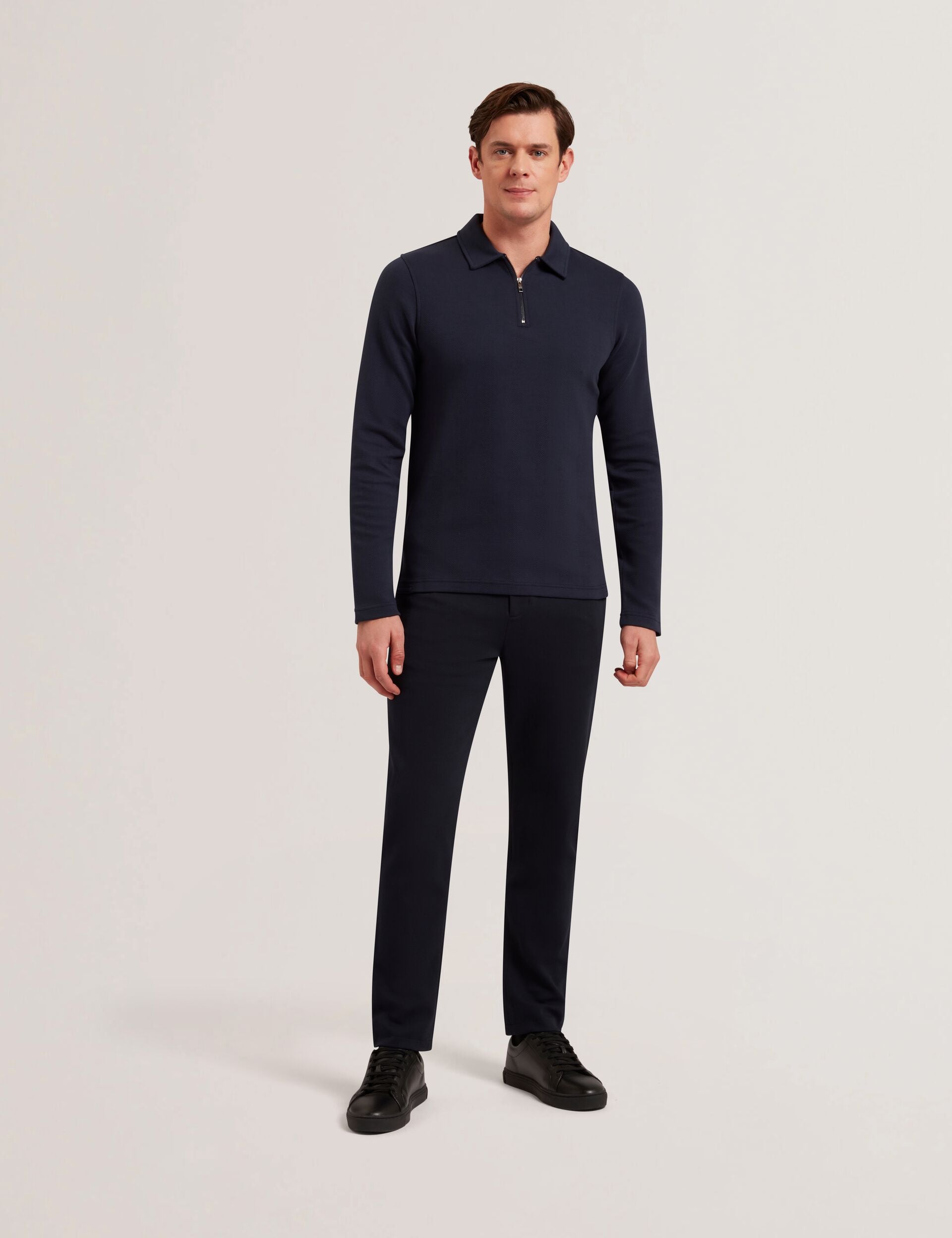 Men KALEND - Herringbone Zip Neck Long Sleeve Polo Shirt - Ted Baker