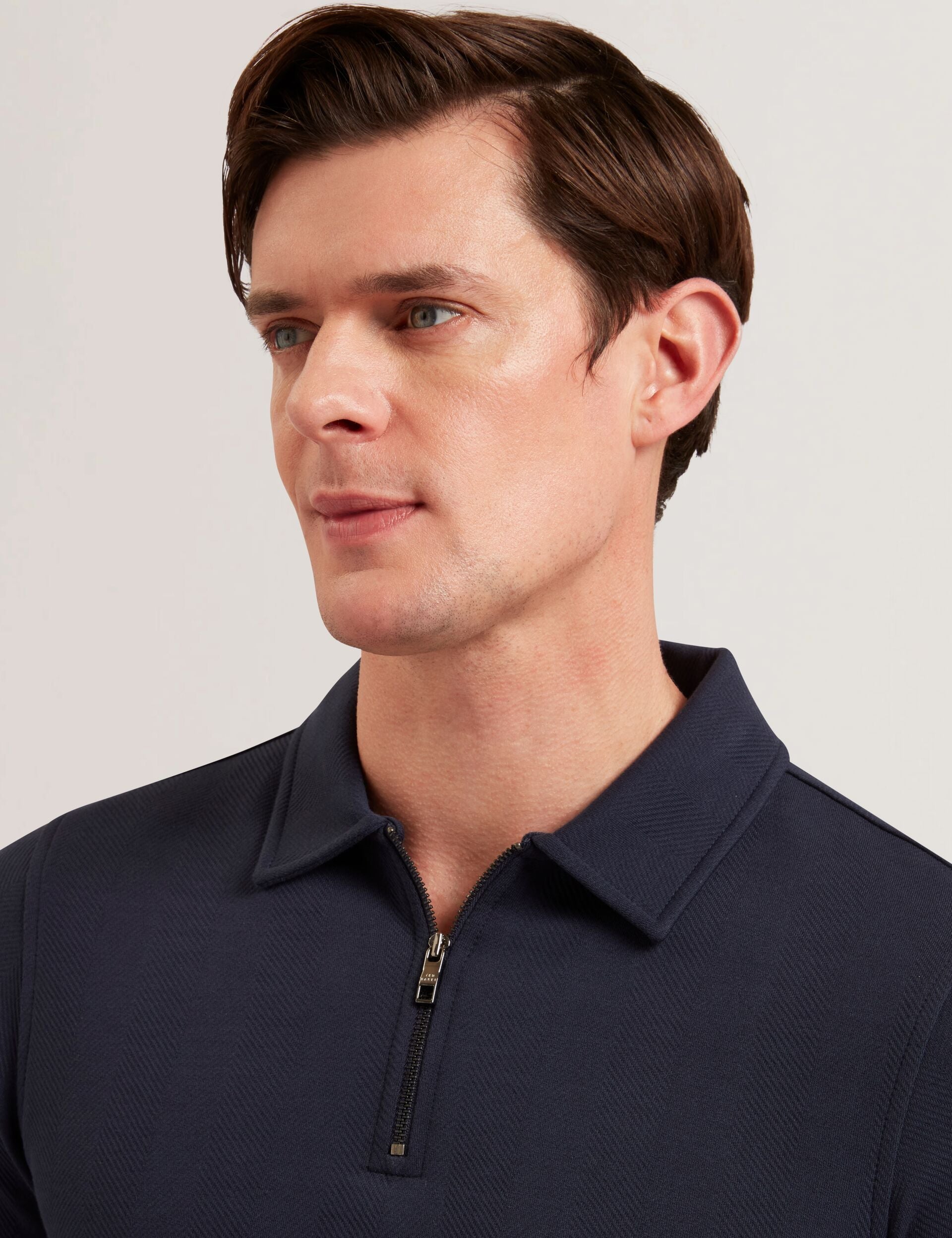 Men KALEND - Herringbone Zip Neck Long Sleeve Polo Shirt - Ted Baker