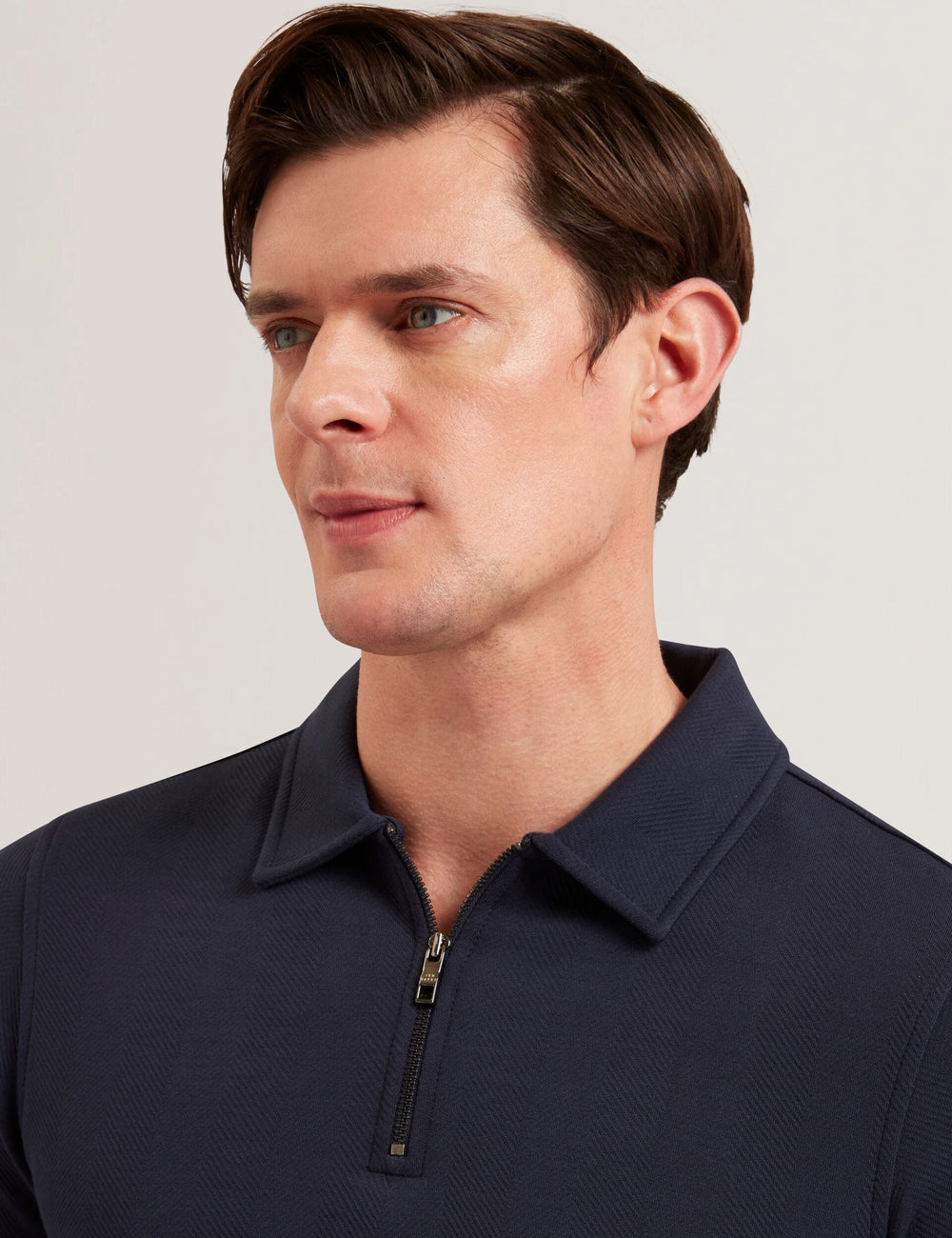 Men KALEND - Herringbone Zip Neck Long Sleeve Polo Shirt - Ted Baker