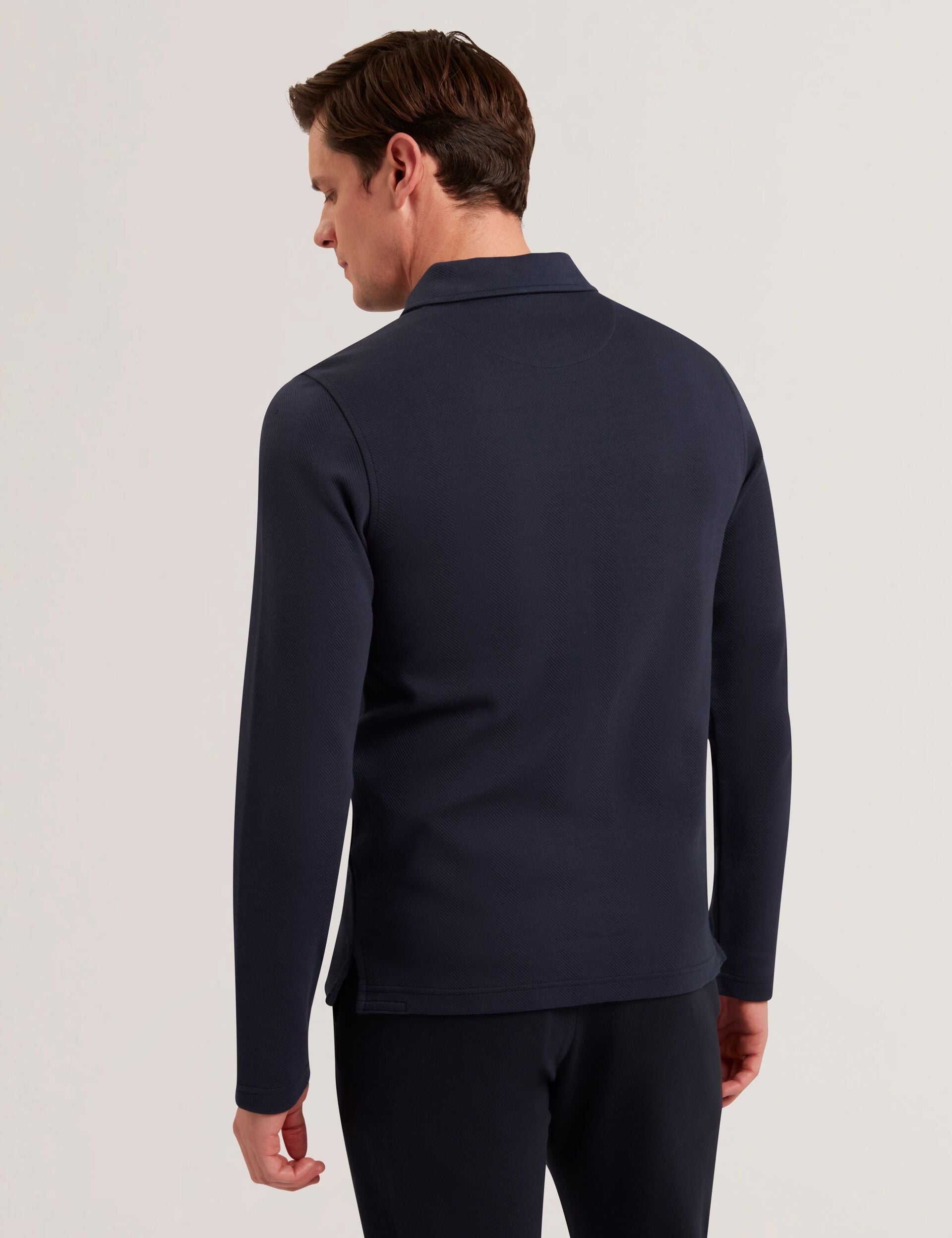 Men KALEND - Herringbone Zip Neck Long Sleeve Polo Shirt - Ted Baker