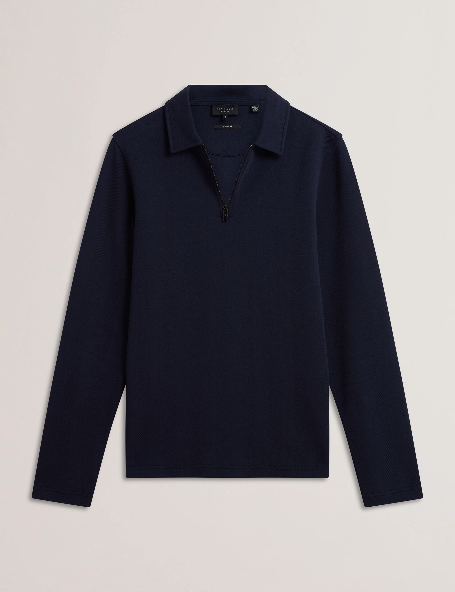 Men KALEND - Herringbone Zip Neck Long Sleeve Polo Shirt - Ted Baker