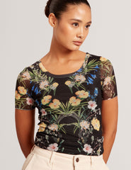 Women SHORT SLEEVE CREW MESH TOP - Black - Ted Baker