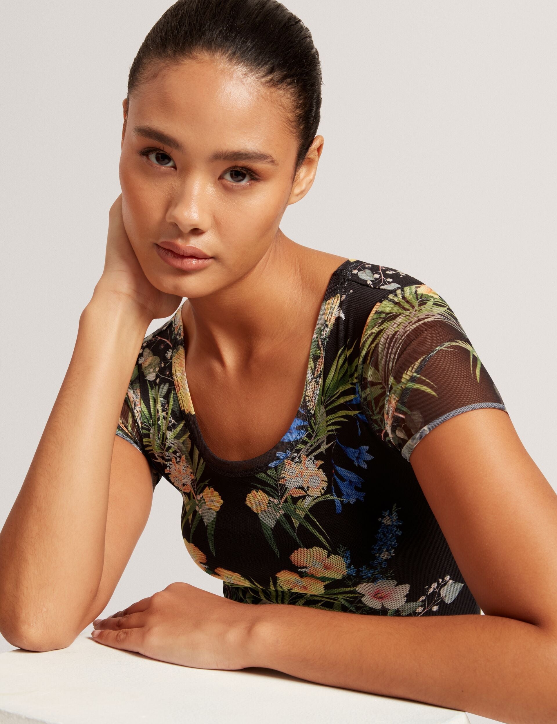 Women SHORT SLEEVE CREW MESH TOP - Black - Ted Baker