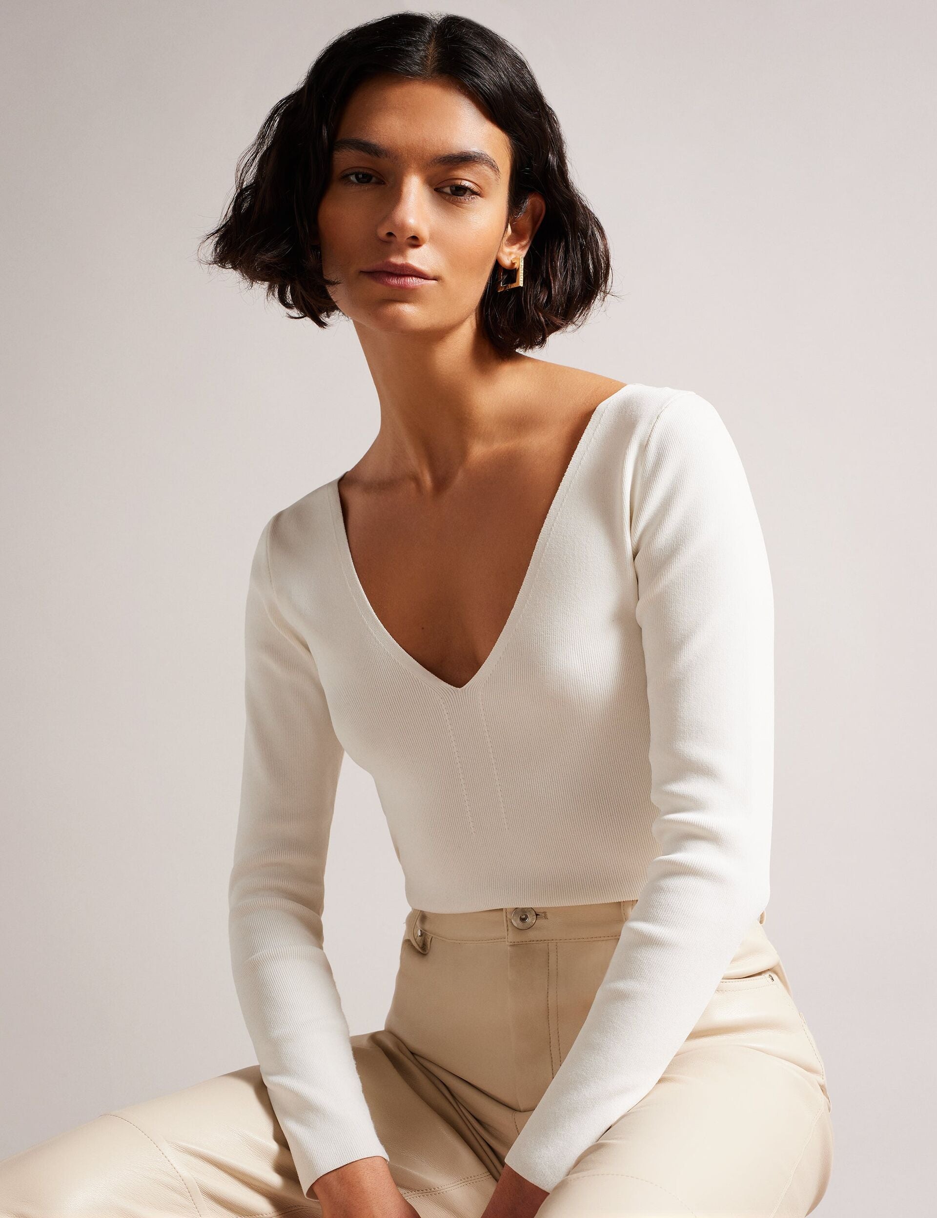 Women CILESTE - Fitted V-Neck Long Sleeve Knit Top - Ted Baker