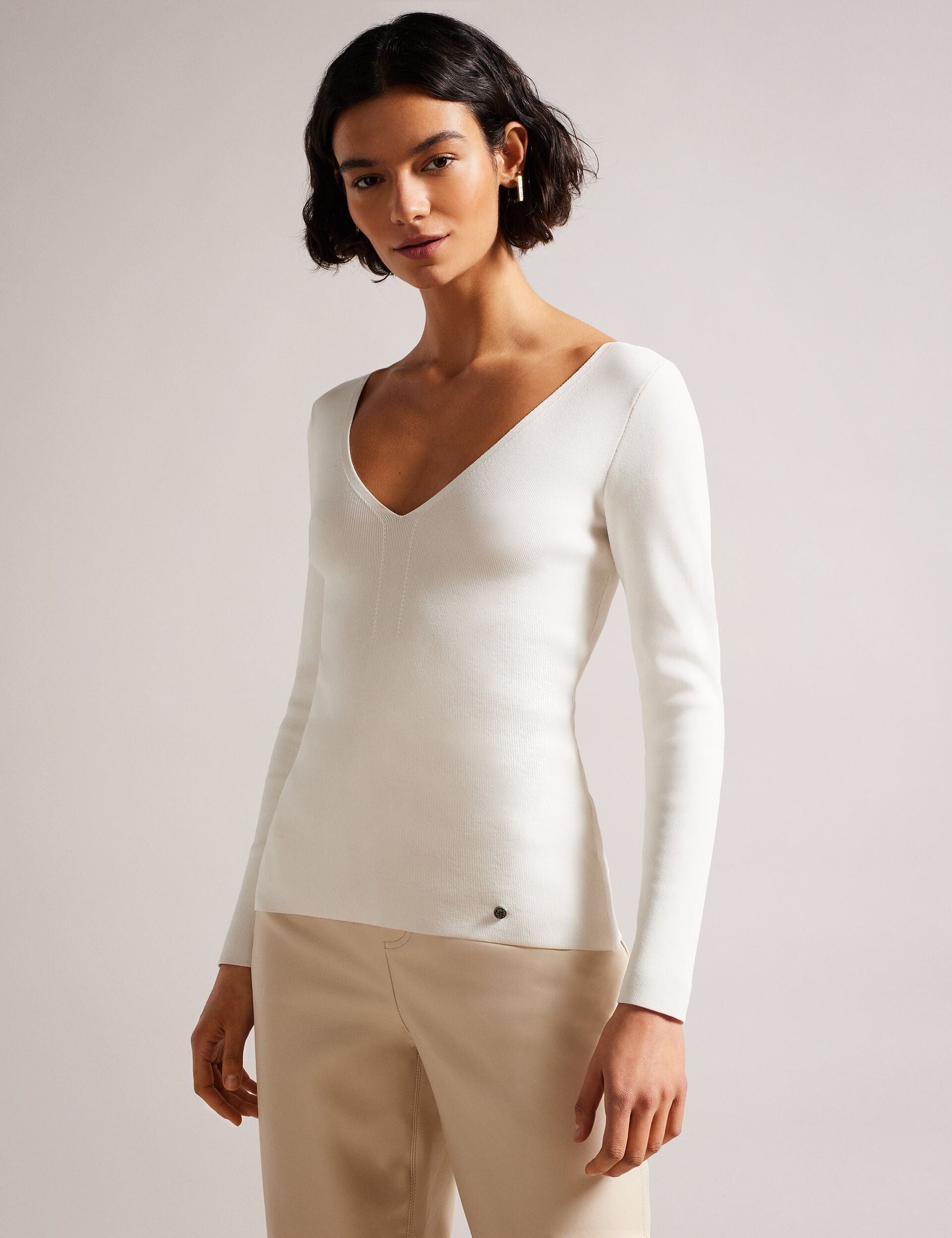 Women CILESTE - Fitted V-Neck Long Sleeve Knit Top - Ted Baker