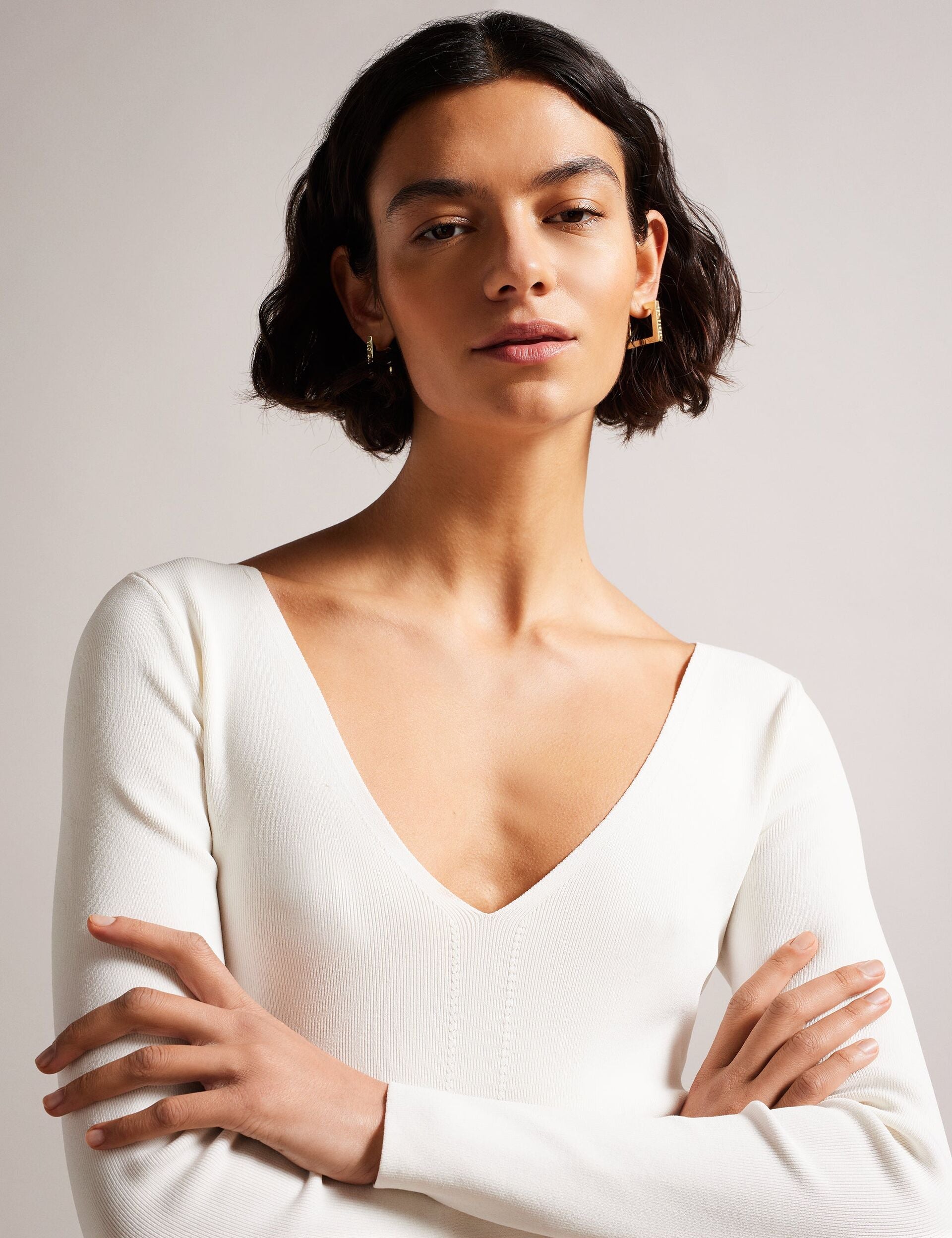 Women CILESTE - Fitted V-Neck Long Sleeve Knit Top - Ted Baker