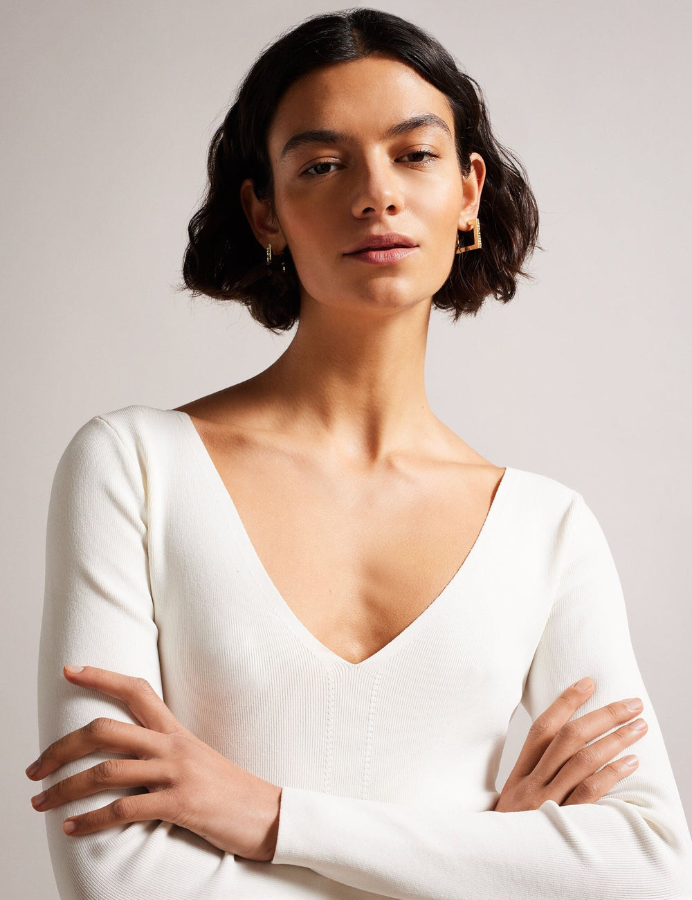 Women CILESTE - Fitted V-Neck Long Sleeve Knit Top - Ted Baker
