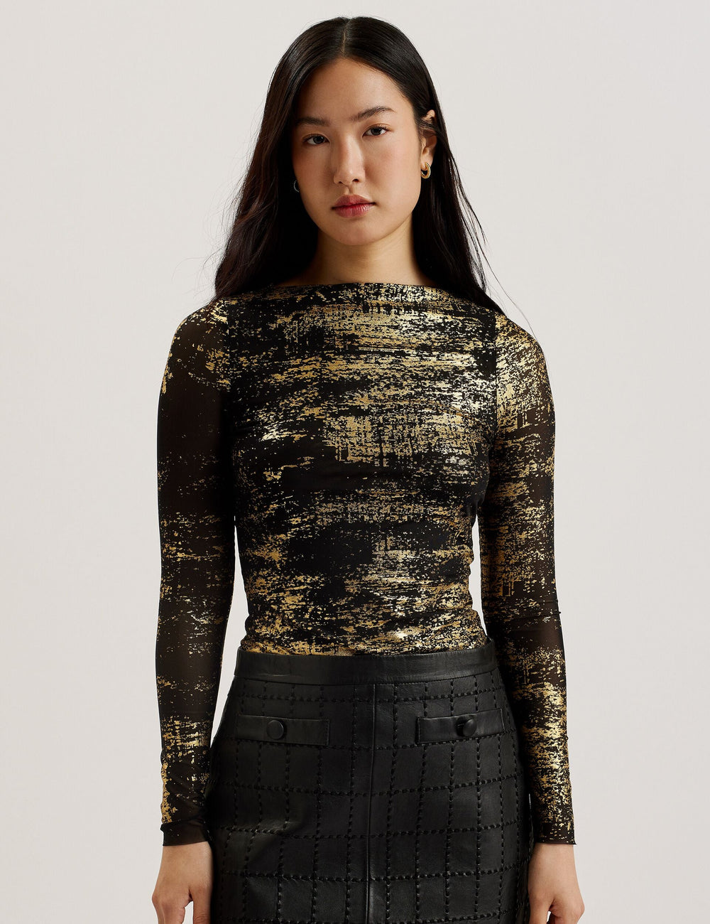 Women KARENHA - Foil Printed Slash Neck Mesh Top - Ted Baker
