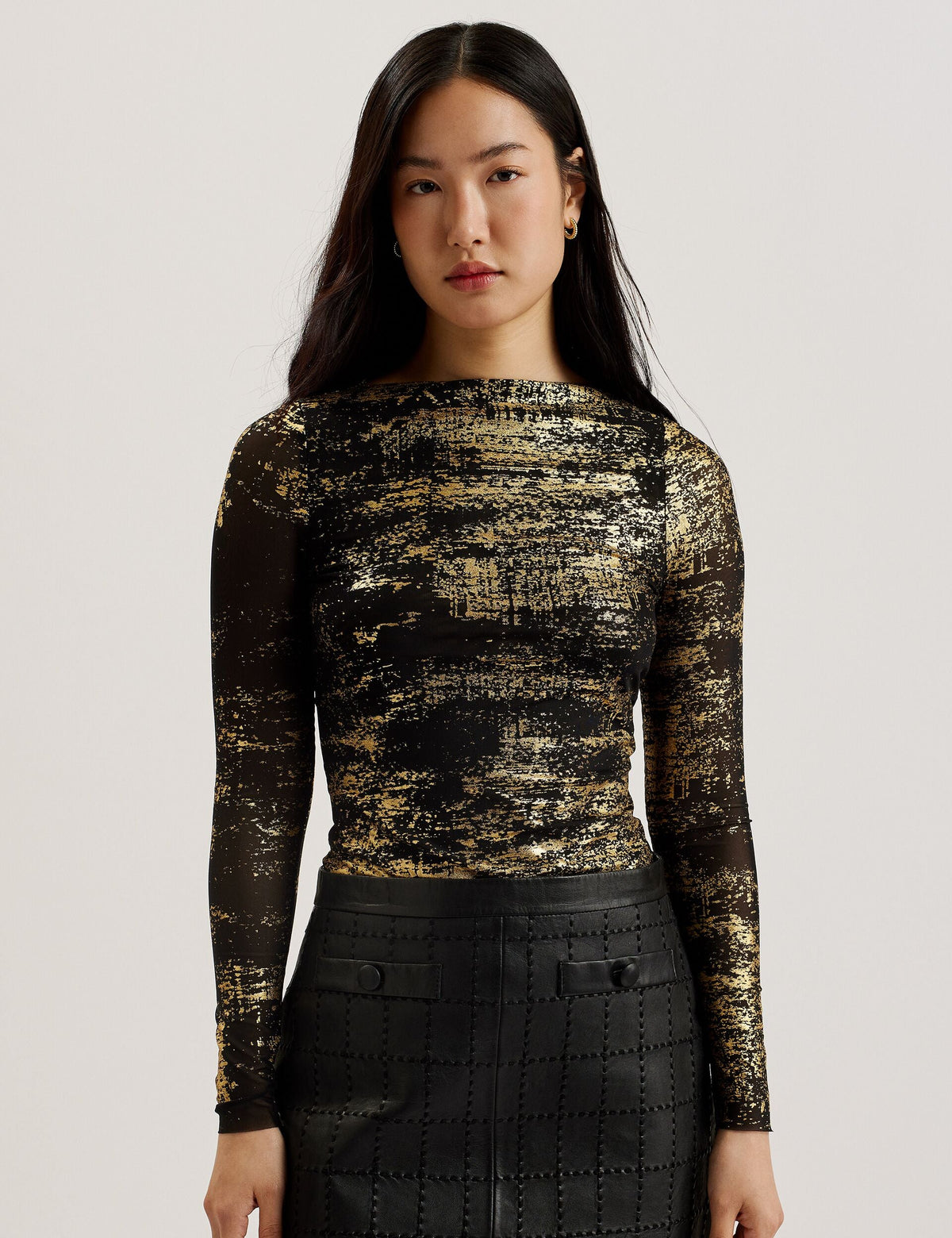 Women KARENHA - Foil Printed Slash Neck Mesh Top - Ted Baker