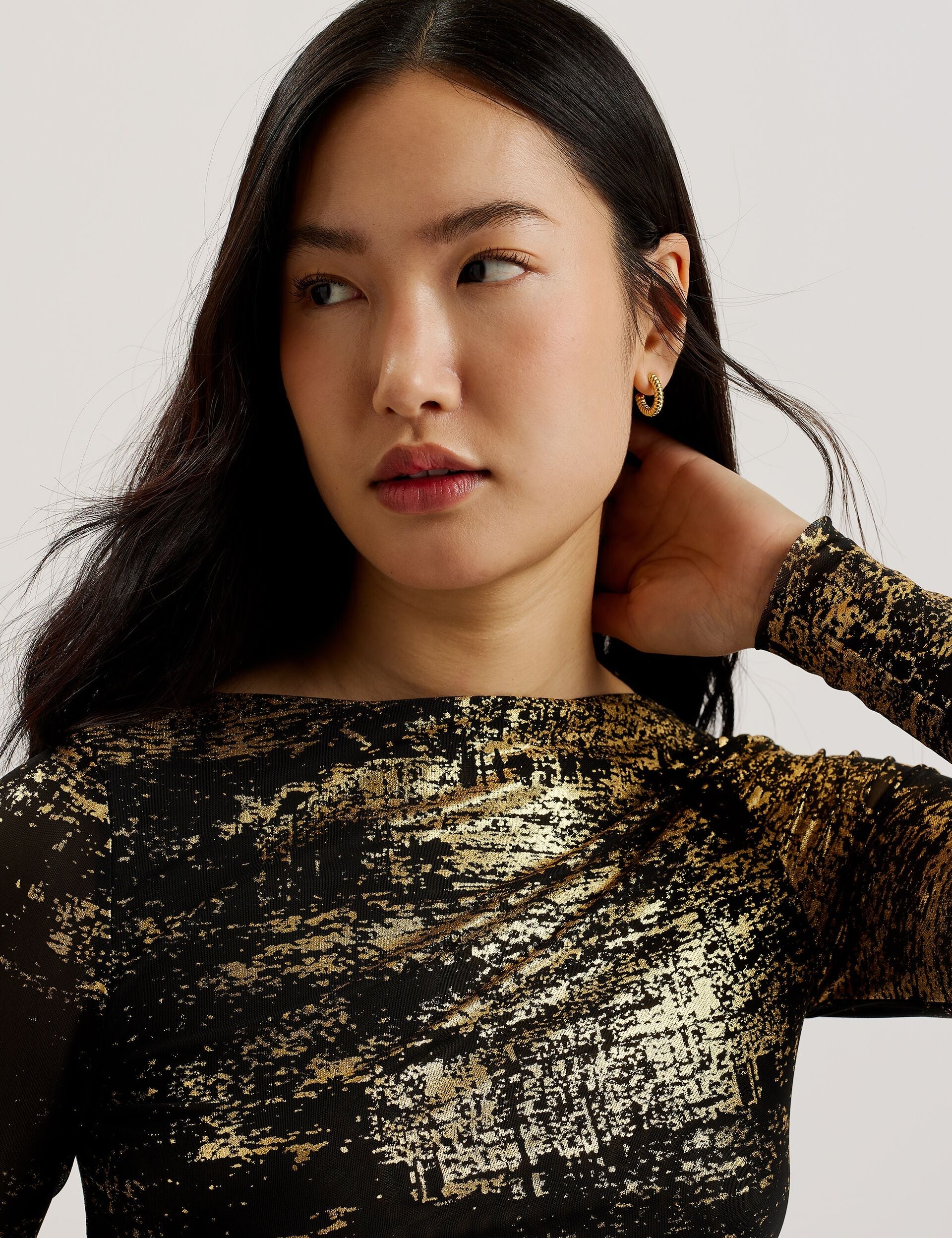 Women KARENHA - Foil Printed Slash Neck Mesh Top - Ted Baker
