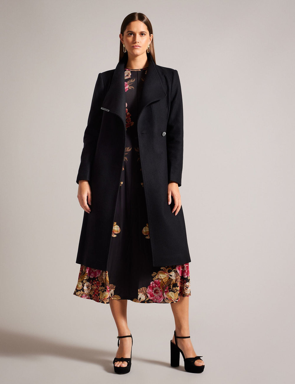 Women ROSE Midi Length Belted Wool Wrap Coat in Black - Ted Baker
