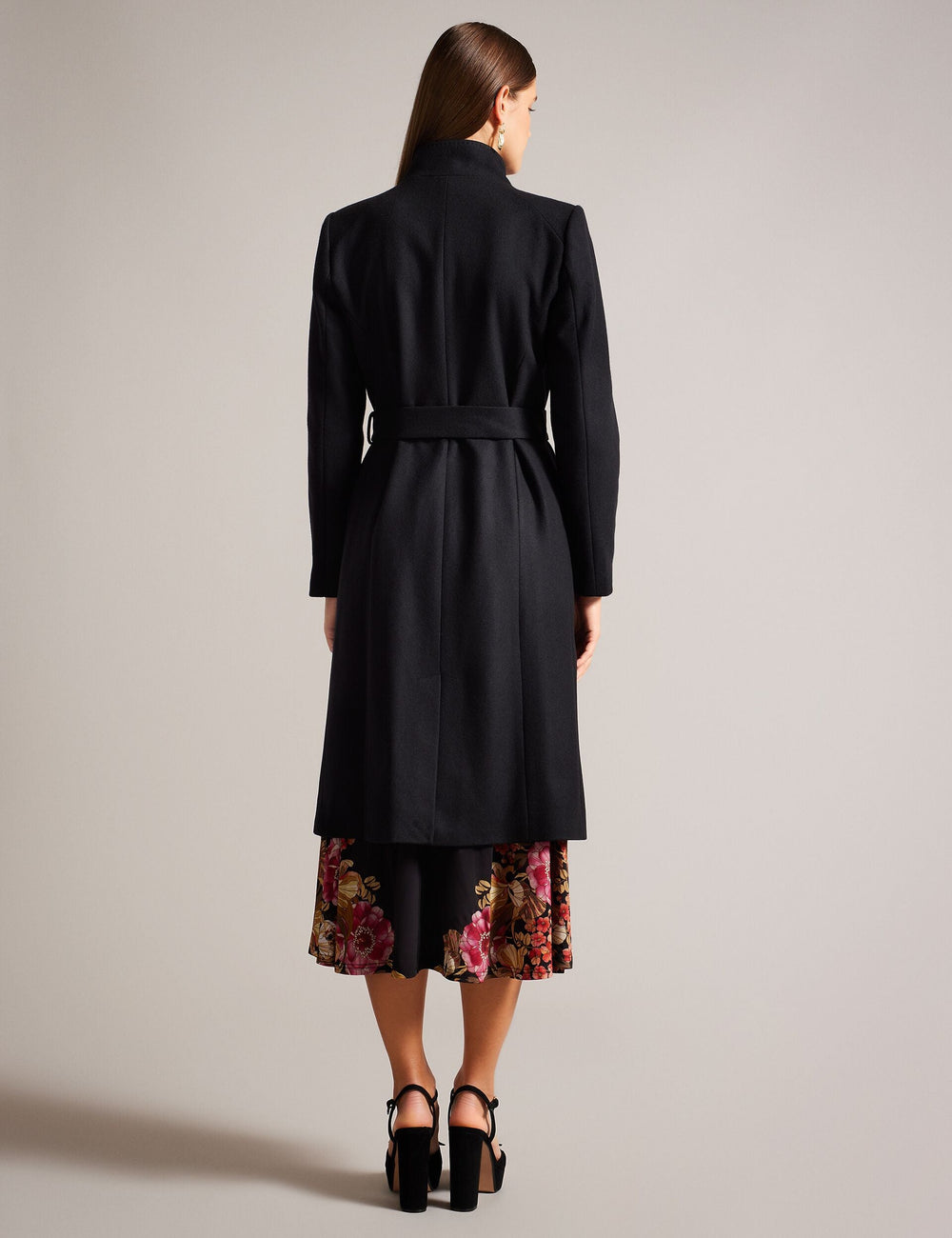 Women ROSE Midi Length Belted Wool Wrap Coat in Black - Ted Baker