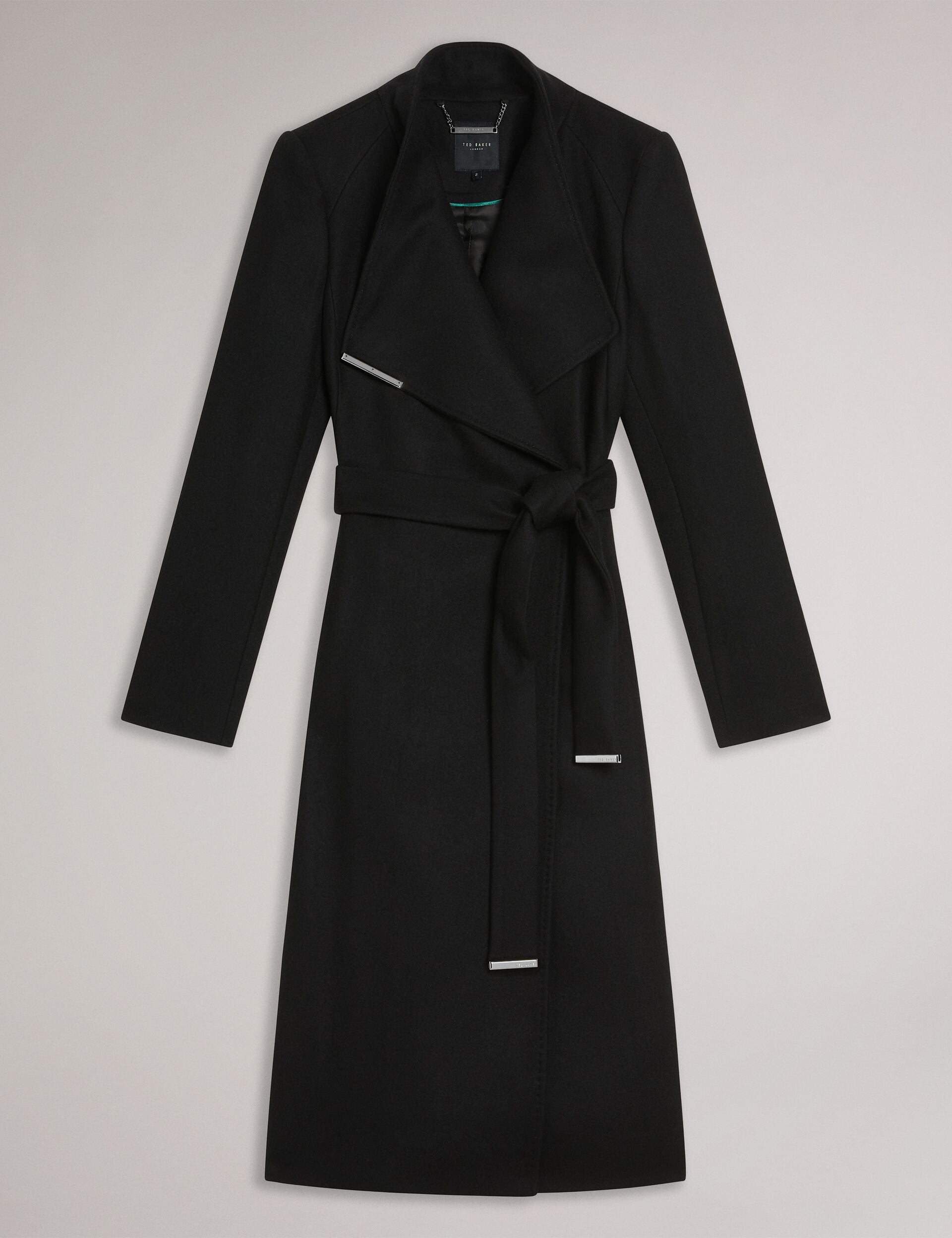 Women ROSE Midi Length Belted Wool Wrap Coat in Black - Ted Baker