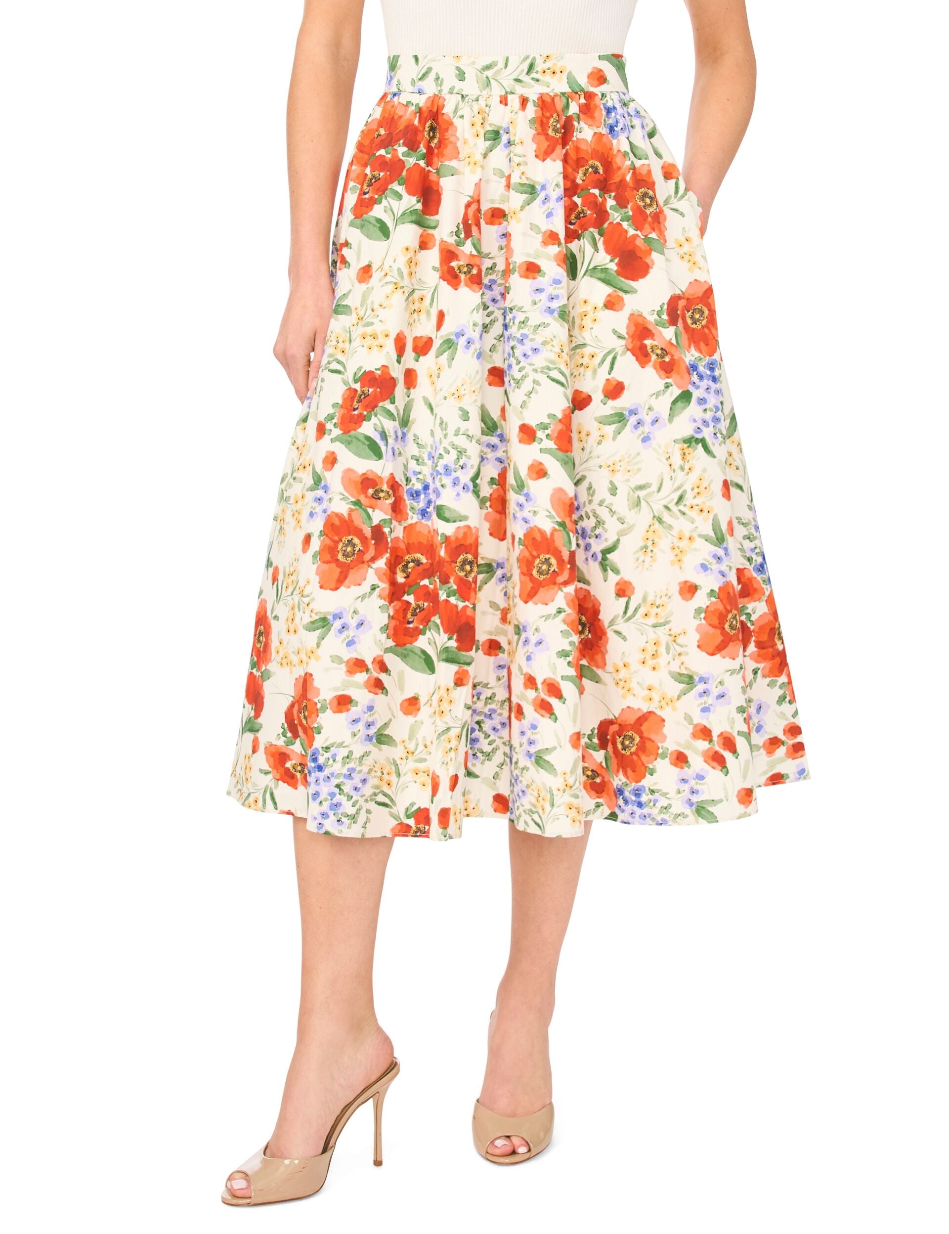 Women MARI Poppy Print Cotton A-Line Midi Skirt - Ted Baker