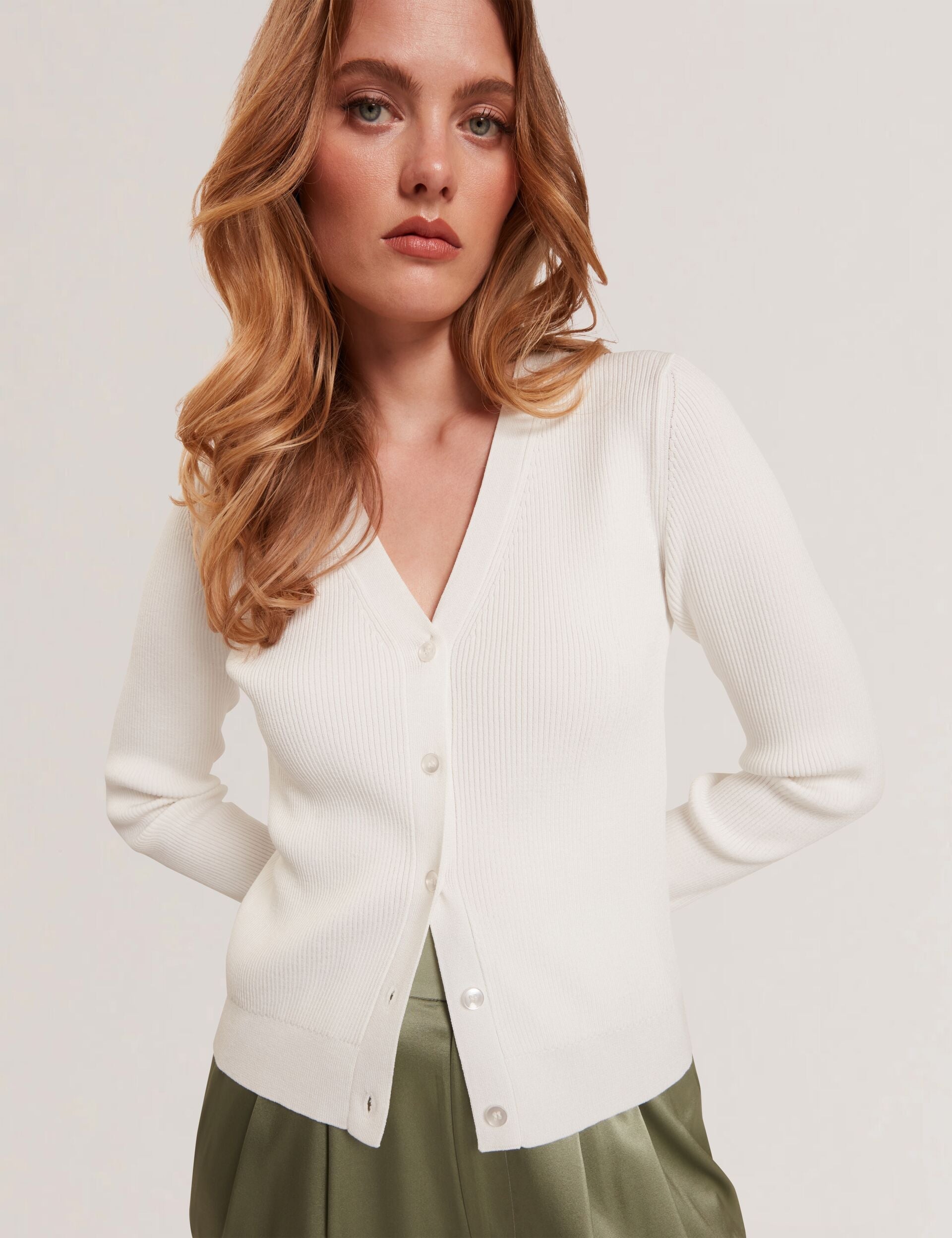Women V-NECK CARDIGAN WITH RIB - Ivory - Ted Baker