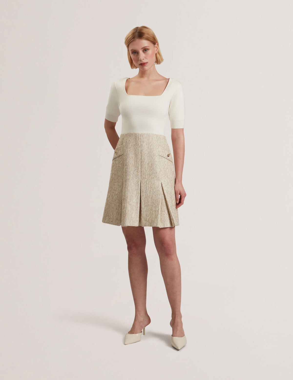 Women VULPAD - Pleated Boucle Mini Dress With Knit Bodice - Ted Baker