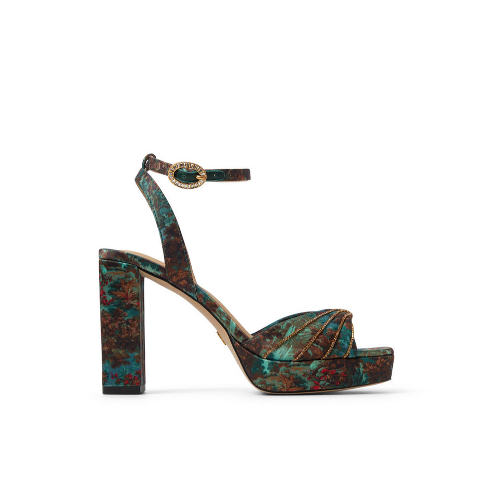 Women MADDY RUCHE - Printed Satin Block Heeled Sandals - Ted Baker