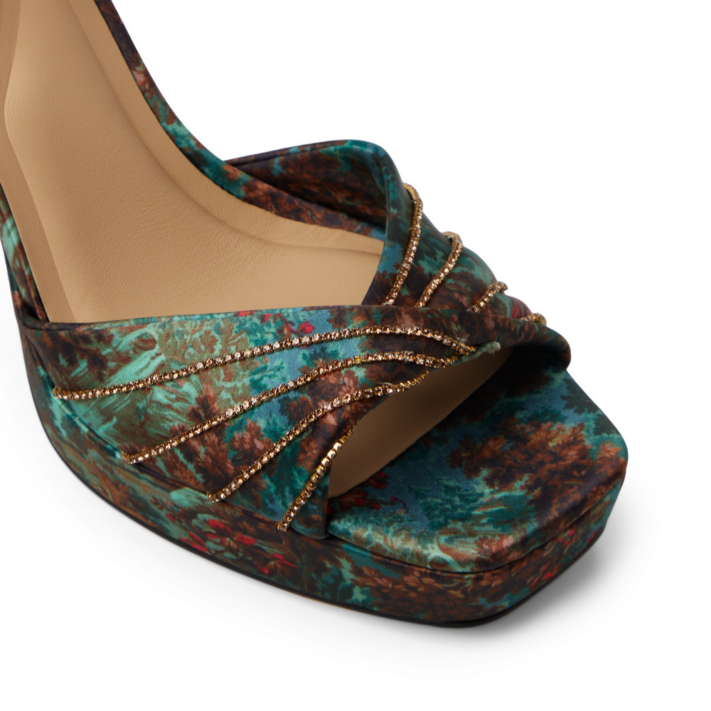 Women MADDY RUCHE - Printed Satin Block Heeled Sandals - Ted Baker