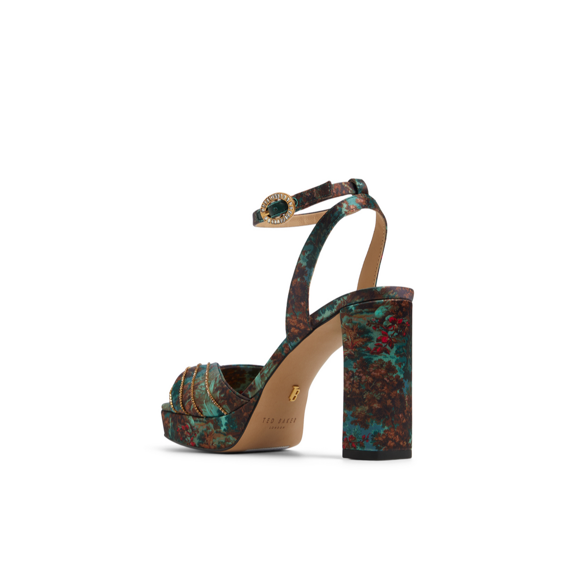 Women MADDY RUCHE - Printed Satin Block Heeled Sandals - Ted Baker