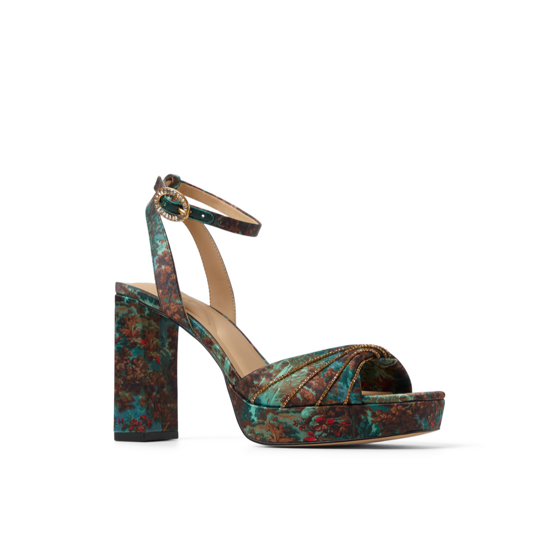 Women MADDY RUCHE - Printed Satin Block Heeled Sandals - Ted Baker