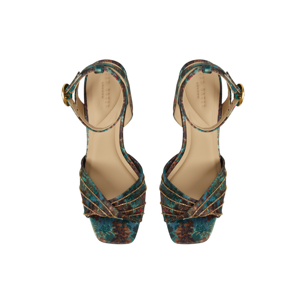 Women MADDY RUCHE - Printed Satin Block Heeled Sandals - Ted Baker