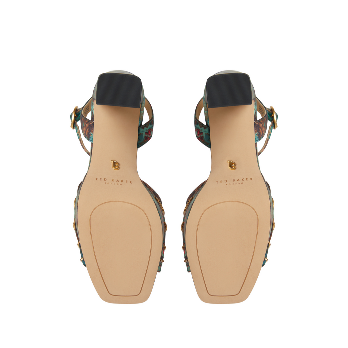 Women MADDY RUCHE - Printed Satin Block Heeled Sandals - Ted Baker