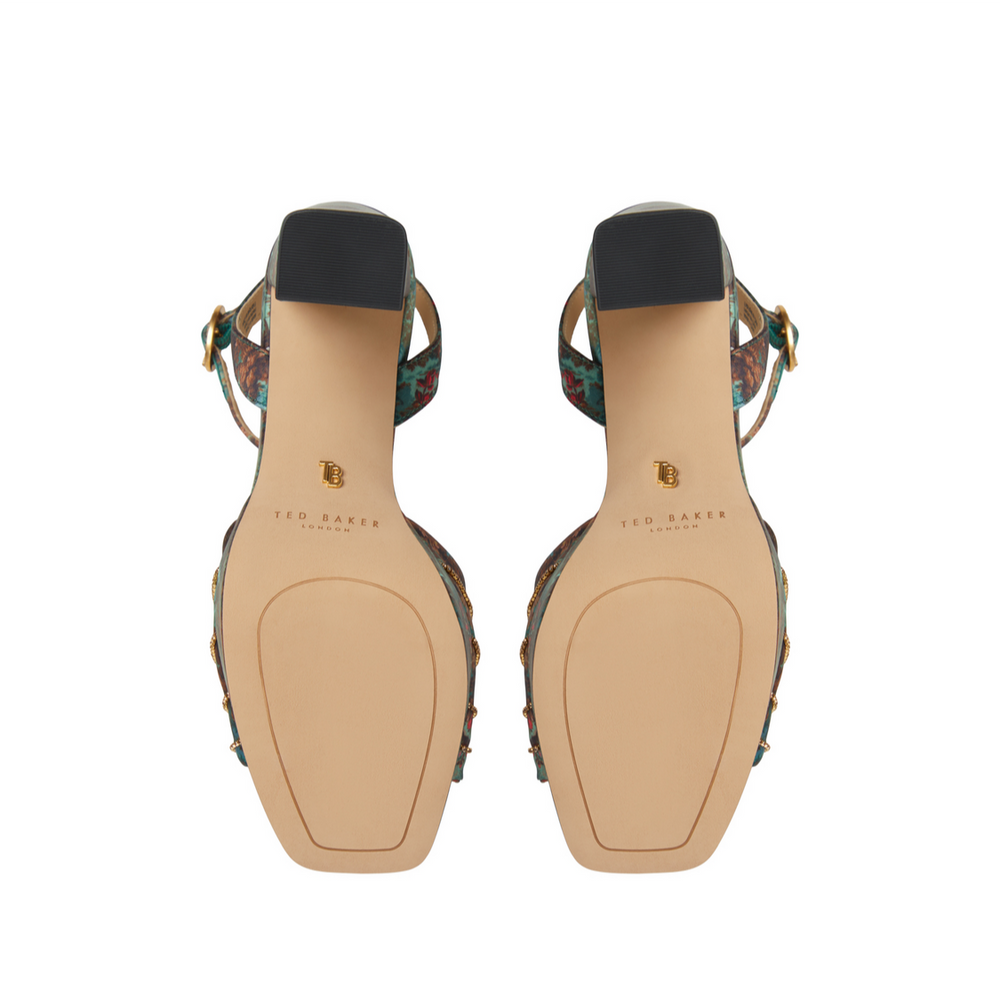 Women MADDY RUCHE - Printed Satin Block Heeled Sandals - Ted Baker