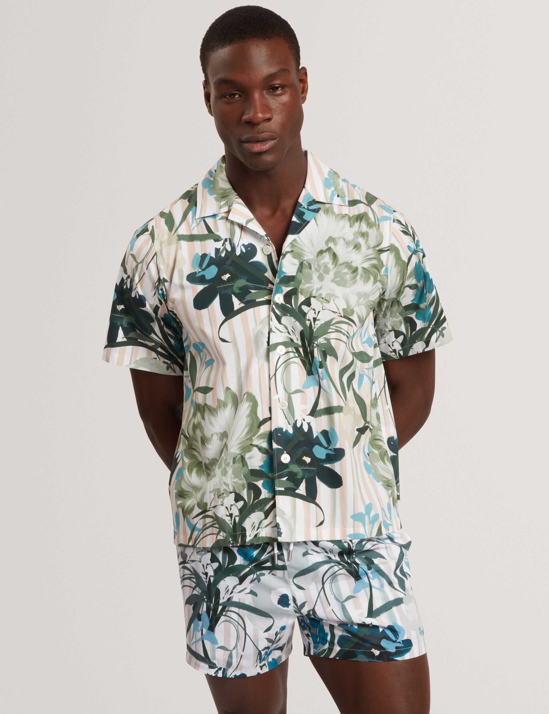 Men ANUKIS Floral Stripe Print Cotton Short Sleeve Shirt - Ted Baker