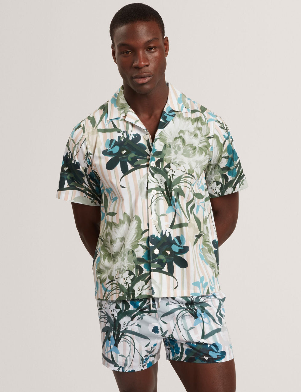 Men ANUKIS Floral Stripe Print Cotton Short Sleeve Shirt - Ted Baker