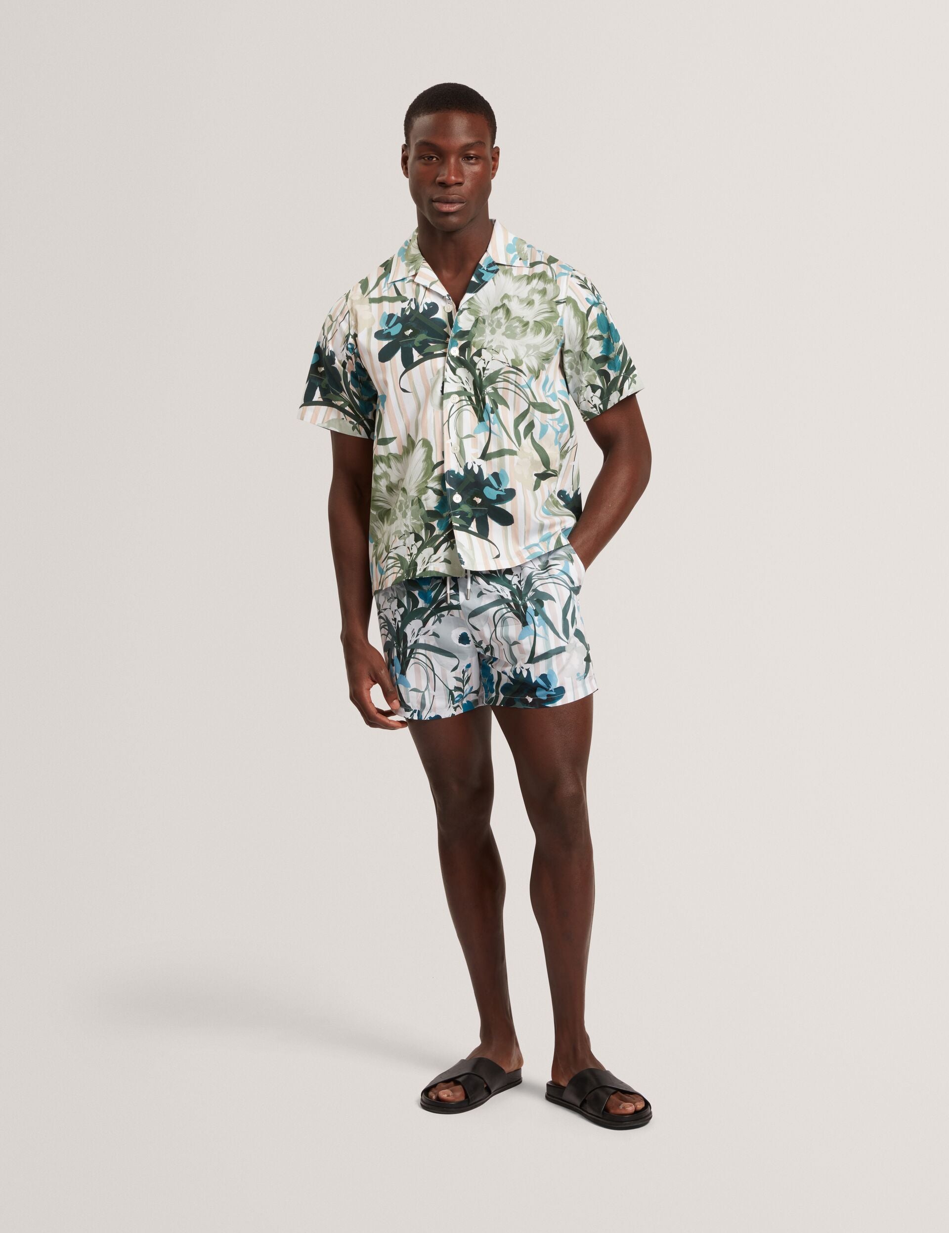 Men ANUKIS Floral Stripe Print Cotton Short Sleeve Shirt - Ted Baker
