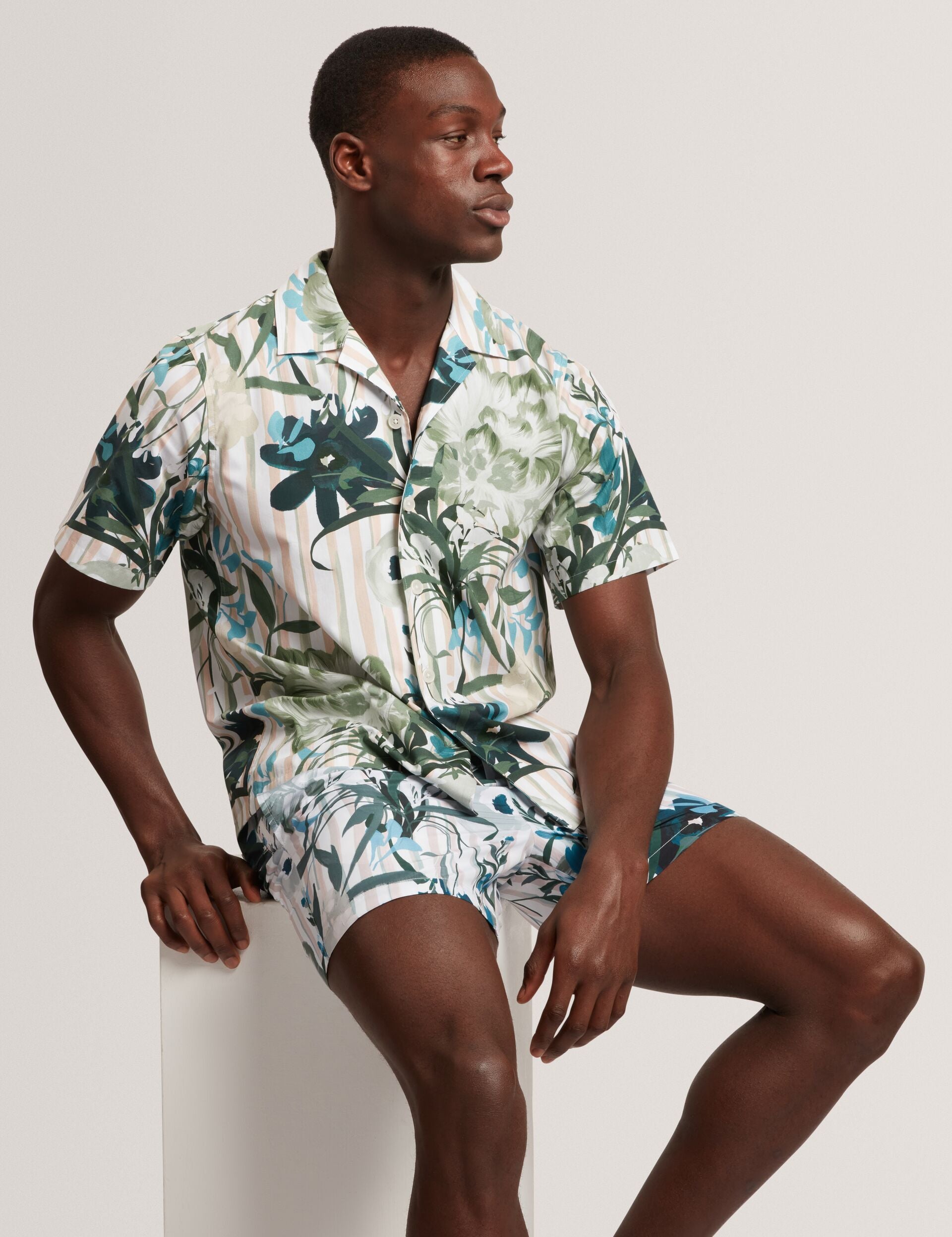 Men ANUKIS Floral Stripe Print Cotton Short Sleeve Shirt - Ted Baker