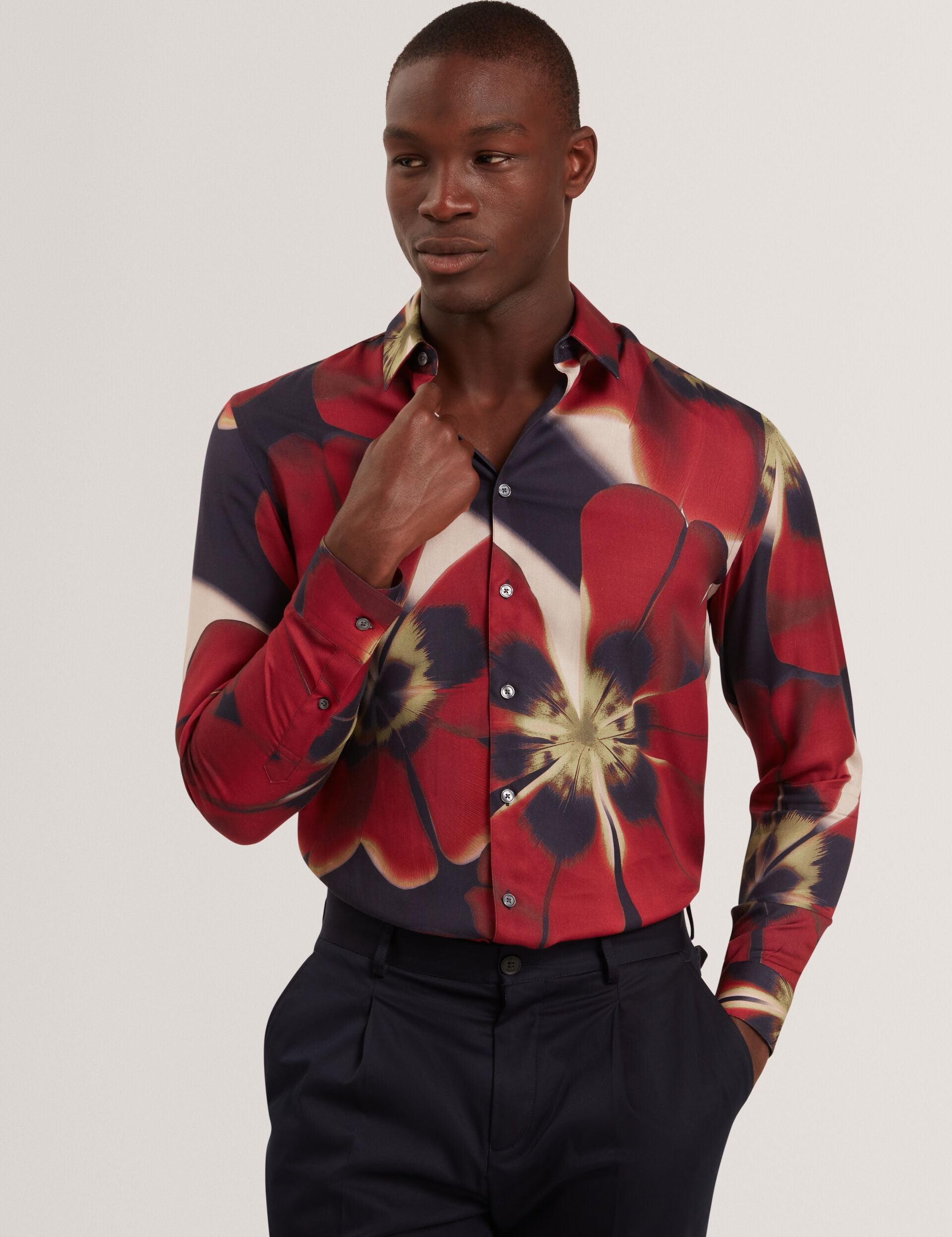 Men|Sale PHELIN Red Blooms Print Cotton Stretch Shirt - Ted Baker