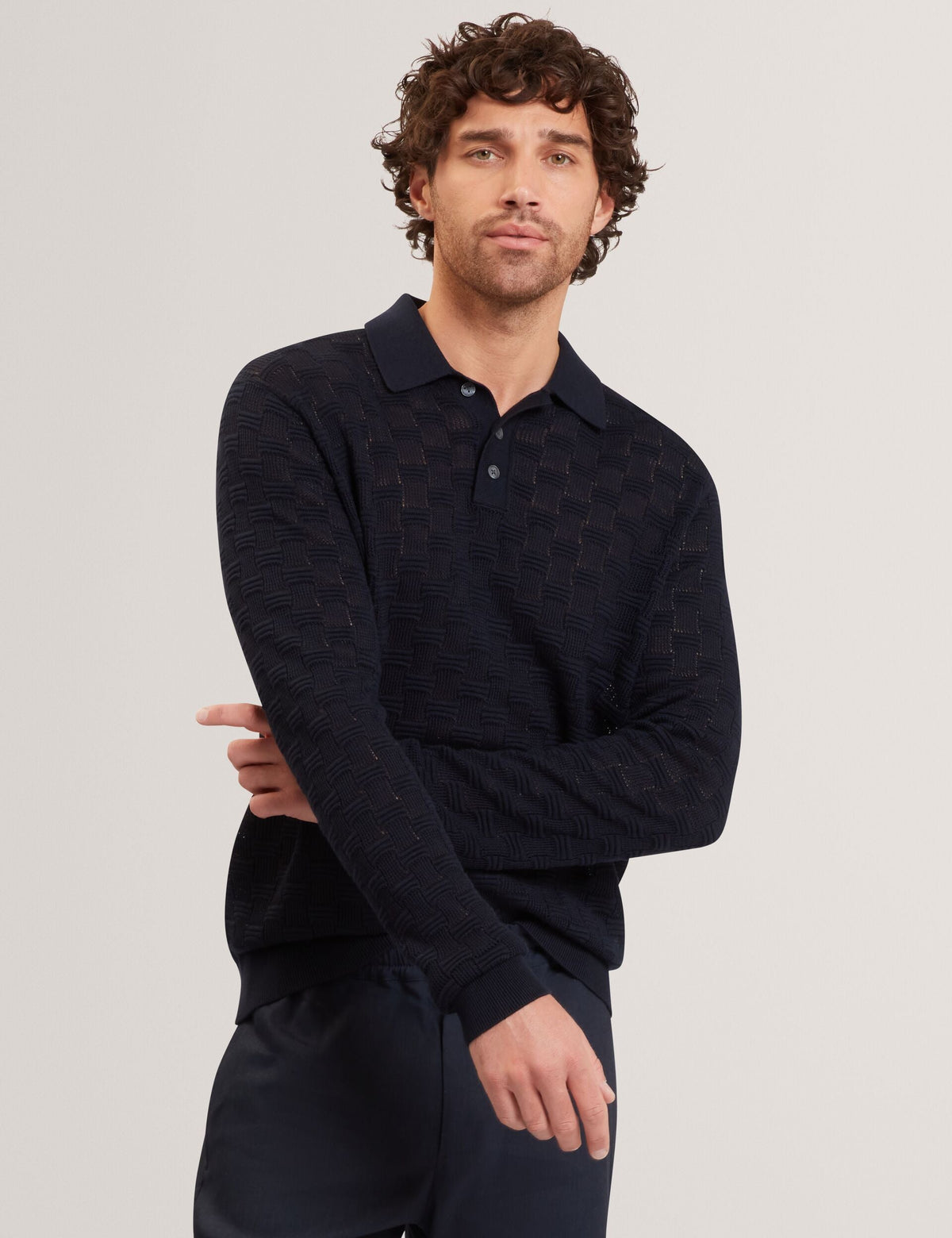 Men OSAKA Basket Texture Silk Blend Long Sleeve Polo - Ted Baker